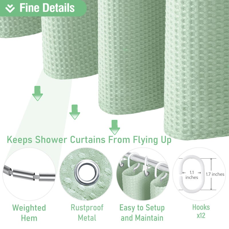 Dynamene Mint Green Fabric Shower Curtain - Waffle Weave Textured Heavy Duty Cloth Shower Curtains for Bathroom, 256GSM Hotel Luxury Weighted Bath Curtain Set with 12 Hooks,72x72, Mint Green - Image 5