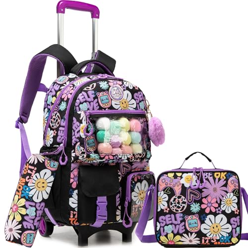 Meetbelify Pink Backpack for Girls Backpacks with Wheels Kids Cute Carry on Backpack with Lunch Box Pencil Case for Elementary Student Teen Girls Luggage Travel Suitcase Girls 8-10 - Image 1