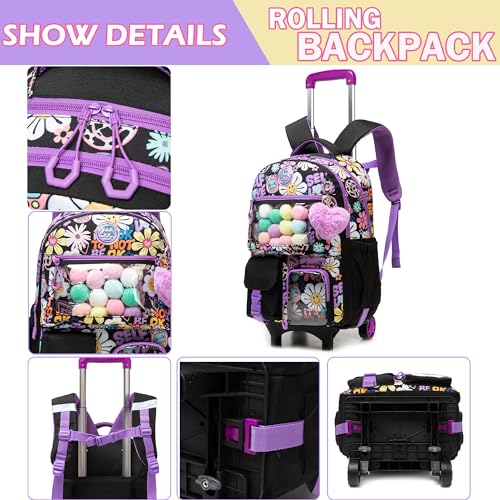Meetbelify Pink Backpack for Girls Backpacks with Wheels Kids Cute Carry on Backpack with Lunch Box Pencil Case for Elementary Student Teen Girls Luggage Travel Suitcase Girls 8-10 - Image 4