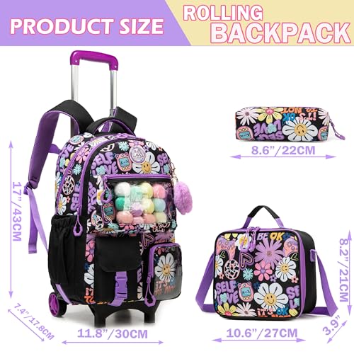 Meetbelify Pink Backpack for Girls Backpacks with Wheels Kids Cute Carry on Backpack with Lunch Box Pencil Case for Elementary Student Teen Girls Luggage Travel Suitcase Girls 8-10 - Image 2