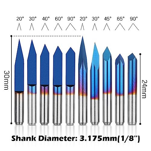 Genmitsu 10 Pcs 1/8'' Shank CNC Router Bits Set, Flat V-bit & Triangular V-bit, 20 /30 /45 /60 /90 Degree 0.1mm Tip, Nano Blue Coat, Engraving Tool for CNC Signmaking Carving Lettering 2D&3D Sculpture - Image 3