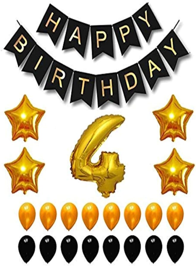 Theme My Party Happy Birthday Party Balloons, Supplies & Decorations Set, Black & Gold (4th Year)