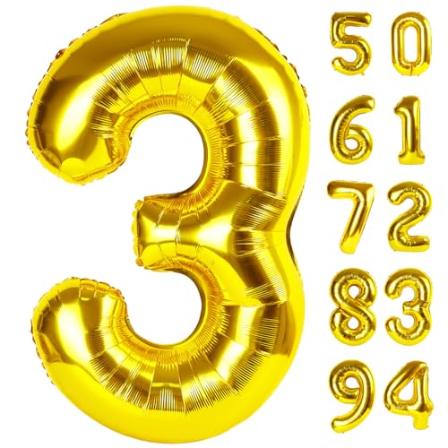 IWERP Gold 3 Balloon, Number Balloon 40 Inch, 3rd Three Year Old Birthday Deco, Gold Party Supplies for Party Decorations, Number 3 Balloon - Image 1