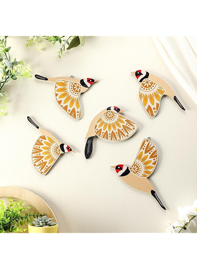 erorex 5 Piece Wooden Bird Wall Art Set – Rustic Flying Birds Home Decor For Living Room Bedroom Office Scandinavian And Folk Art Style Ideal Gift For Bird Lovers Yellow - Image 1