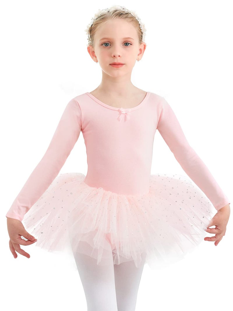 Gorchnc Ballet Leotards for Girls Toddler Long Sleeve Dance Leotard with Tutu Skirt Pink Dance Outfit Glitter Ballet Dress - Image 1