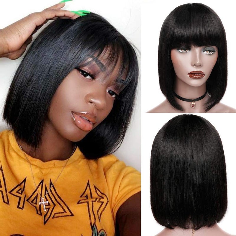 Rebasar Bob Human Hair Wigs with Bangs None Lace Front Wigs Brazlian Straight Hair Bob Wigs for Black Women Human Hair Glueless Machine Made Wear and Go Natural Color 14 Inch