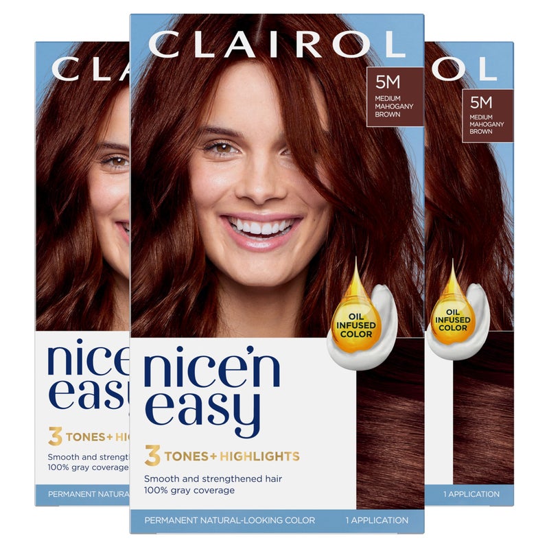 Clairol Nice'n Easy Permanent Hair Dye, 5M Medium Mahogany Brown Hair Color, Pack of 3 - Image 1