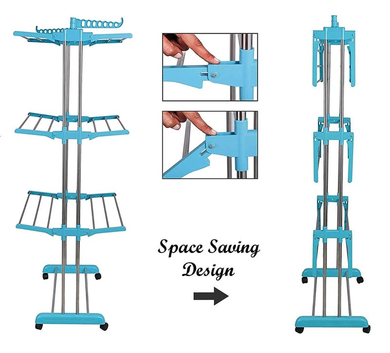 Dweezhet Cloth Stand for Drying Clothes Stainless Steel 3 Layer Clothes Drying Foldable Stand with Breaking Wheel System Cloth Rack for Drying - Image 4