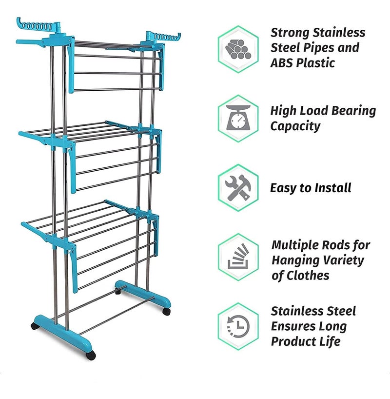 Dweezhet Cloth Stand for Drying Clothes Stainless Steel 3 Layer Clothes Drying Foldable Stand with Breaking Wheel System Cloth Rack for Drying - Image 3