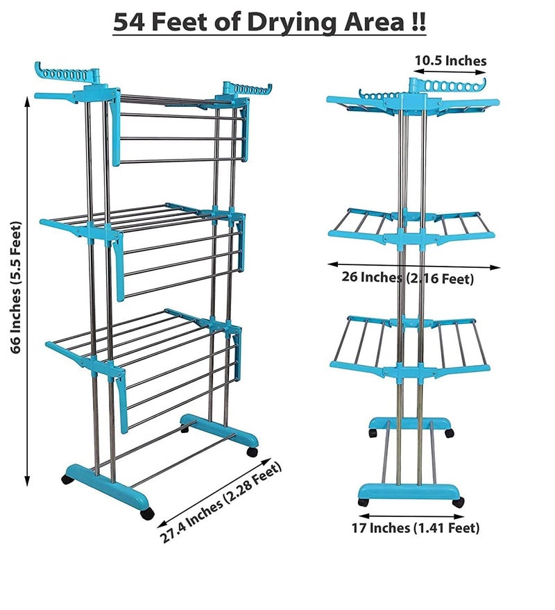 Dweezhet Cloth Stand for Drying Clothes Stainless Steel 3 Layer Clothes Drying Foldable Stand with Breaking Wheel System Cloth Rack for Drying - Image 5