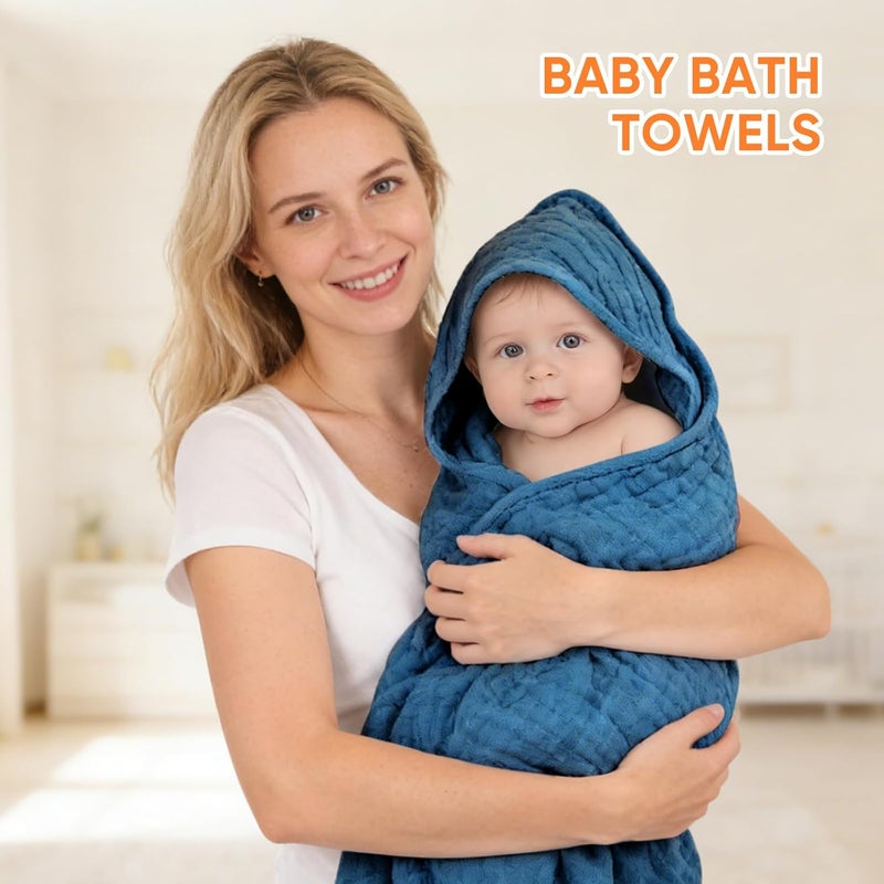 MIGIOL Muslin Baby Towels - 100% Cotton, Super Soft Bath Towels (Light Blue & Dark Blue) - 32 x 32 Inches - Image 3