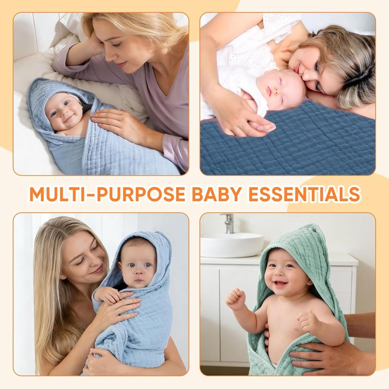 MIGIOL Muslin Baby Towels - 100% Cotton, Super Soft Bath Towels (Light Blue & Dark Blue) - 32 x 32 Inches - Image 5