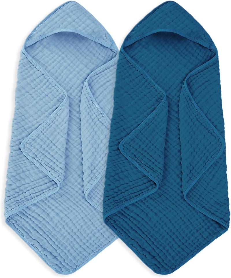 MIGIOL Muslin Baby Towels - 100% Cotton, Super Soft Bath Towels (Light Blue & Dark Blue) - 32 x 32 Inches - Image 1