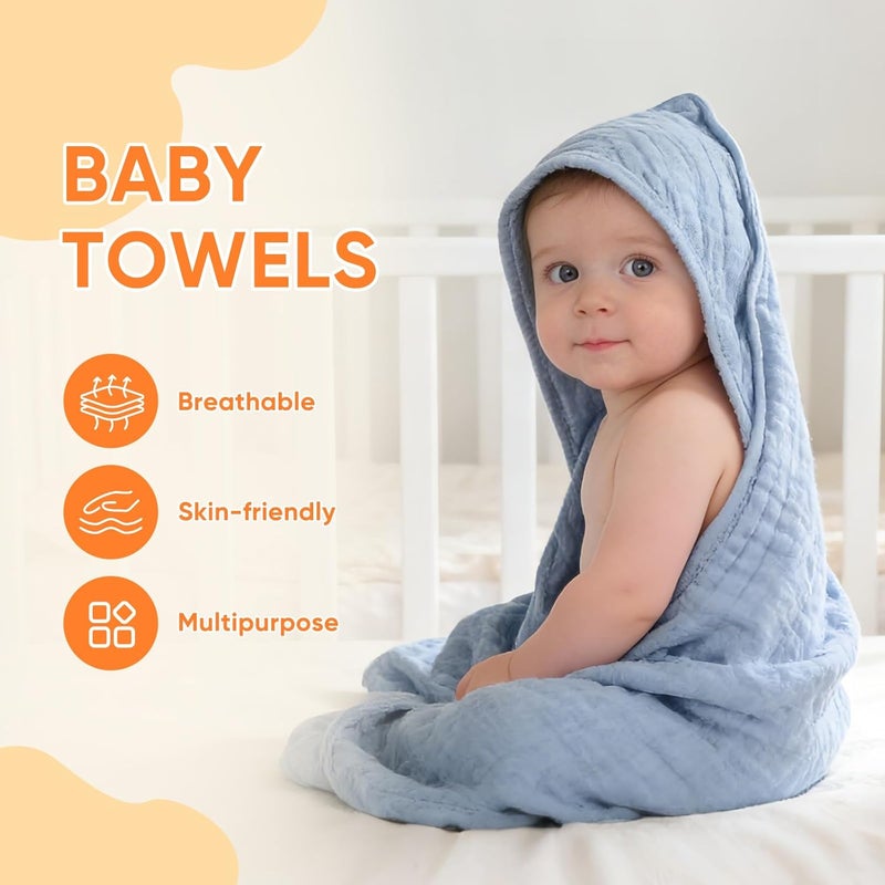 MIGIOL Muslin Baby Towels - 100% Cotton, Super Soft Bath Towels (Light Blue & Dark Blue) - 32 x 32 Inches - Image 2
