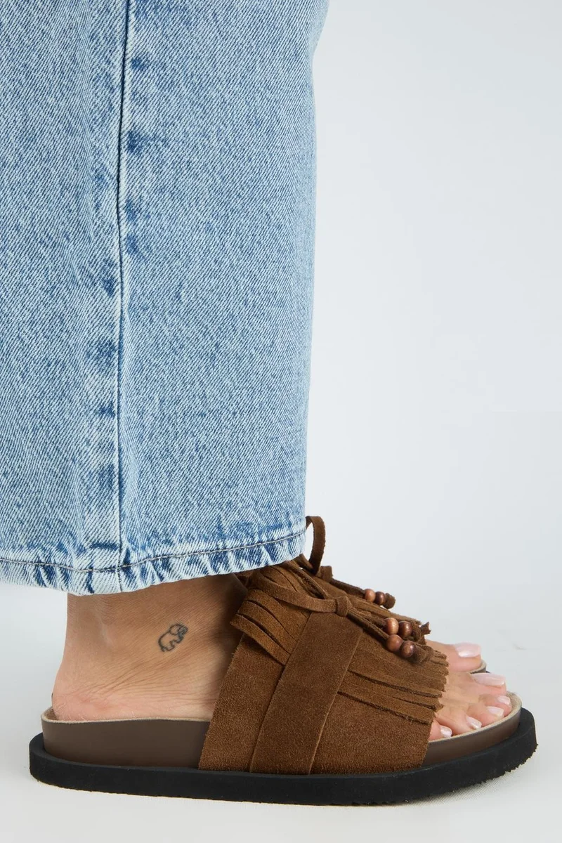 Manijero Manijero Yasmin Women's Genuine Leather Tassel and Bead Detail Open Toe Tan Slippers