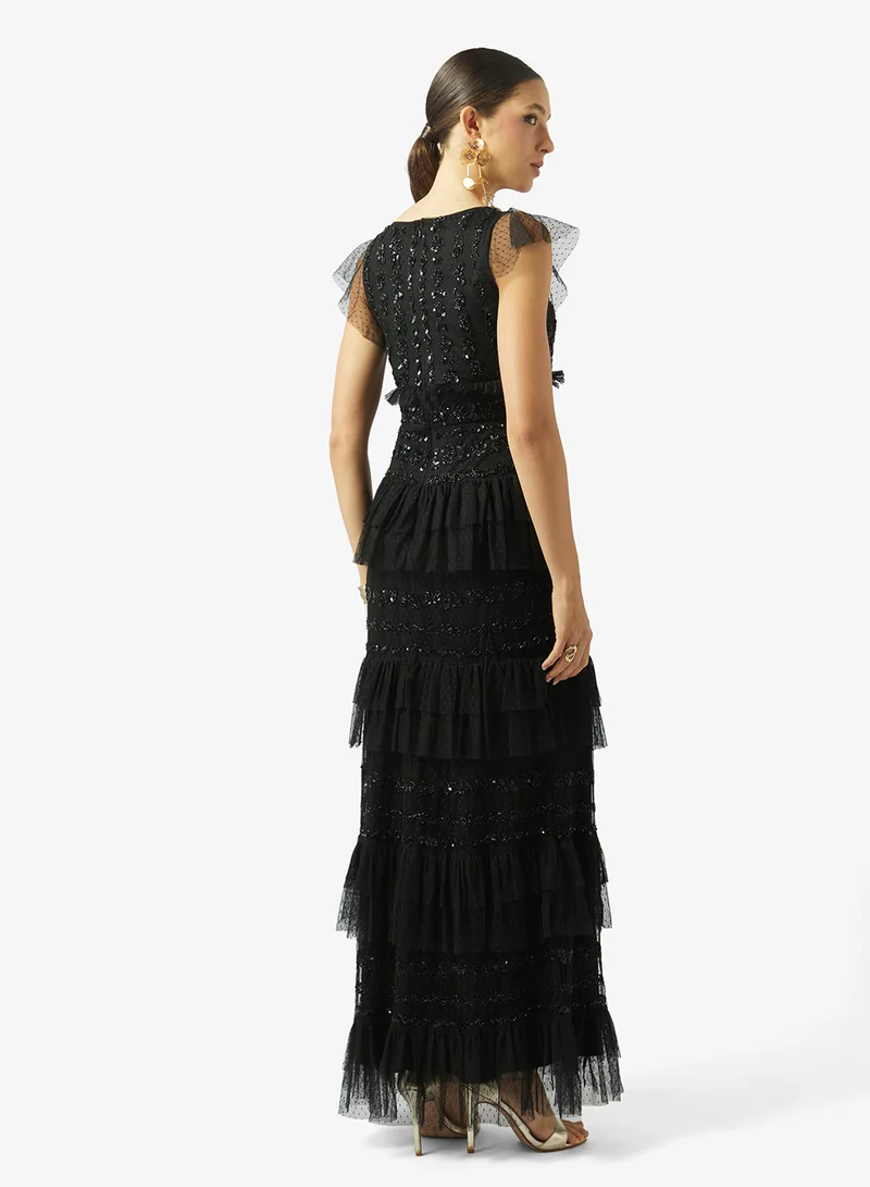 مايا Spot Mesh Embellished Ruffle Maxi Dress