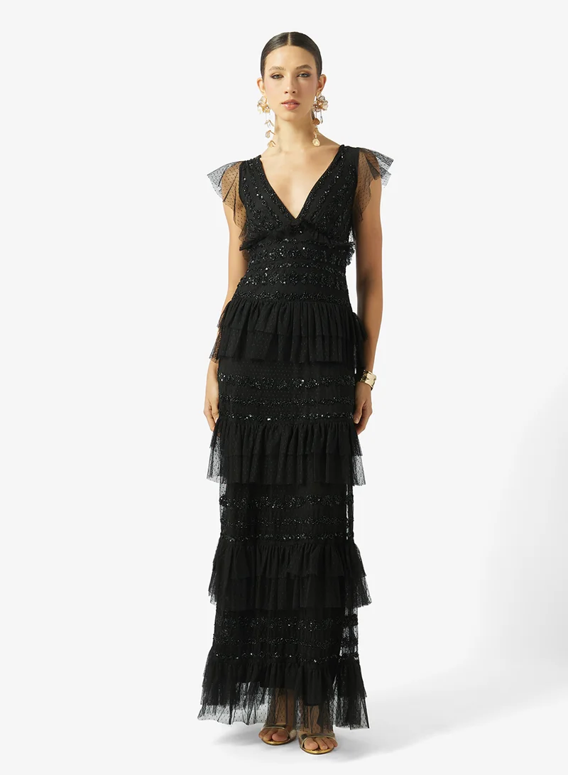 مايا Spot Mesh Embellished Ruffle Maxi Dress