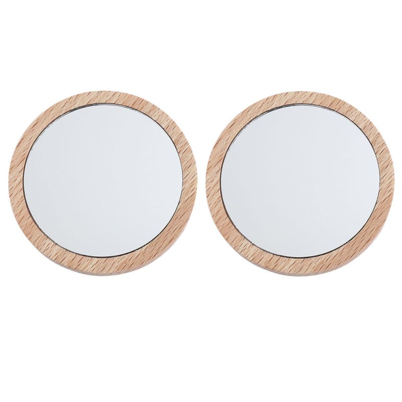 2Pcs Portable Round Makeup Mirror 7.5cm Beech Wood Travel Cosmetic Mirror - Image 2