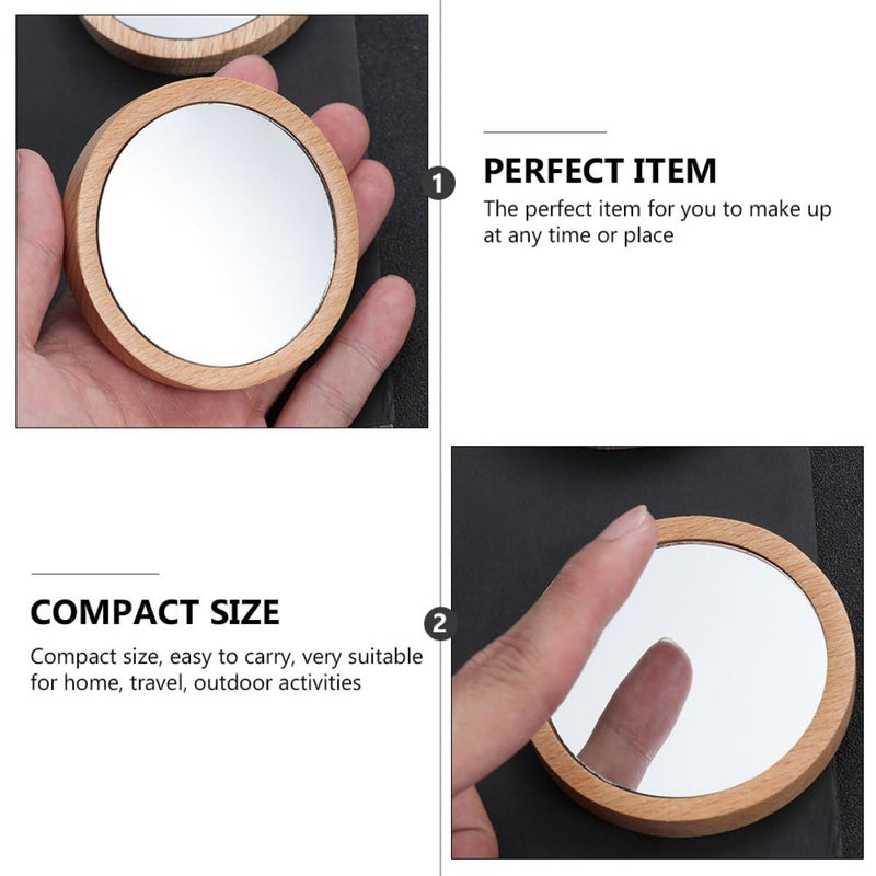 2Pcs Portable Round Makeup Mirror 7.5cm Beech Wood Travel Cosmetic Mirror - Image 4