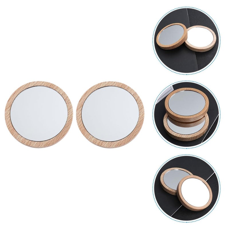 2Pcs Portable Round Makeup Mirror 7.5cm Beech Wood Travel Cosmetic Mirror - Image 5