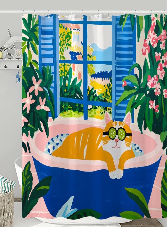Kanuyee Artistic Cat Shower Curtain Set Floral Bathtub Scene Waterproof Bathroom Shower Curtain Vibrant Window Print Cheerful Home Decor 72x72 Inch - Image 1
