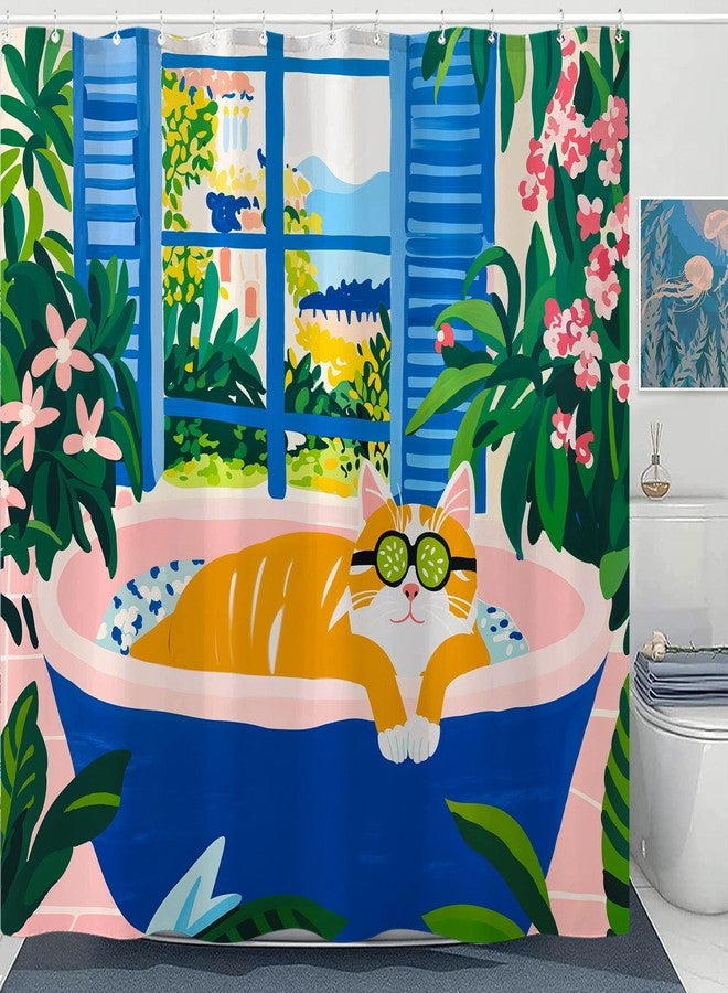 Kanuyee Artistic Cat Shower Curtain Set Floral Bathtub Scene Waterproof Bathroom Shower Curtain Vibrant Window Print Cheerful Home Decor 72x72 Inch - Image 2