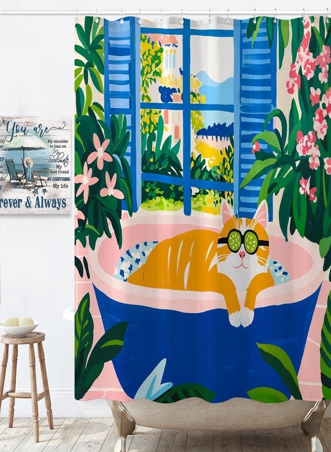 Kanuyee Artistic Cat Shower Curtain Set Floral Bathtub Scene Waterproof Bathroom Shower Curtain Vibrant Window Print Cheerful Home Decor 72x72 Inch - Image 4