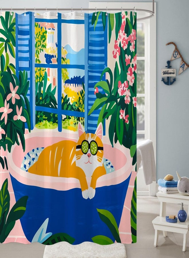 Kanuyee Artistic Cat Shower Curtain Set Floral Bathtub Scene Waterproof Bathroom Shower Curtain Vibrant Window Print Cheerful Home Decor 72x72 Inch - Image 3