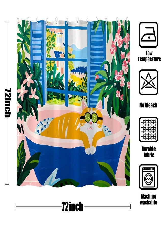 Kanuyee Artistic Cat Shower Curtain Set Floral Bathtub Scene Waterproof Bathroom Shower Curtain Vibrant Window Print Cheerful Home Decor 72x72 Inch - Image 5