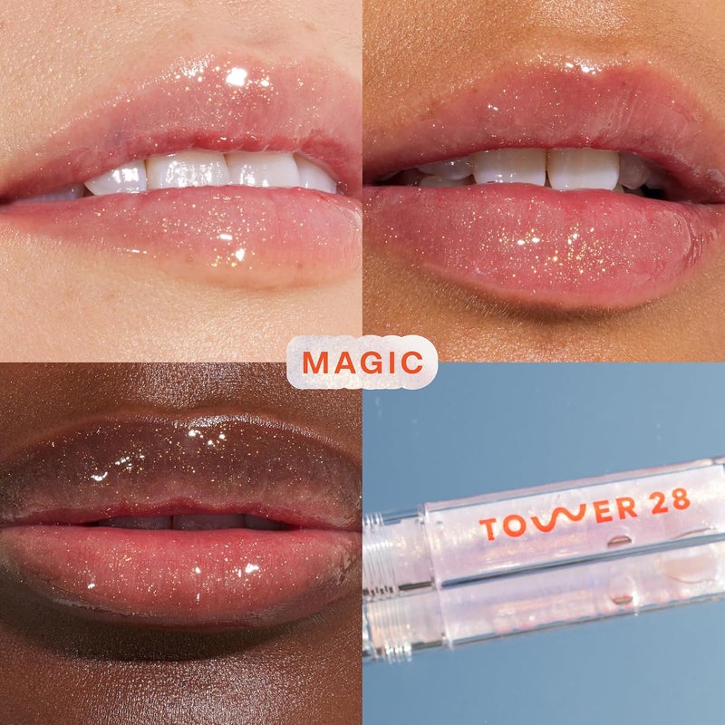 TOWER 28 ShineOn Lip Jelly, MAGIC, Non-Sticky Lip Gloss, Clear with Gold Shimmer Vegan Lip Gloss, Moisturizing Apricot and Raspberry Seed Oil, Cruelty Free - Image 2
