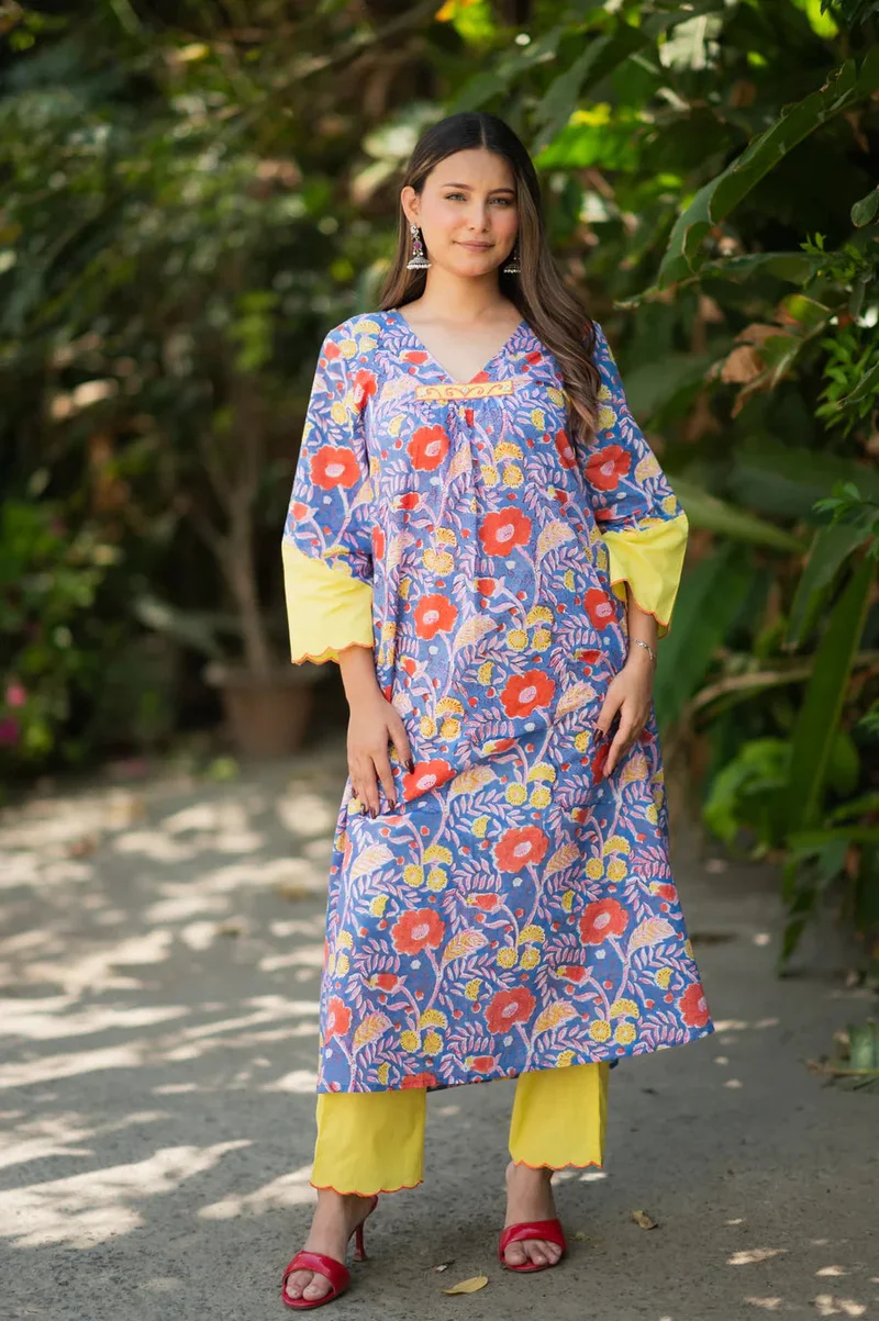 ZERESOUQ Purple Pure Cotton Handblock 2-Piece Kurta Set