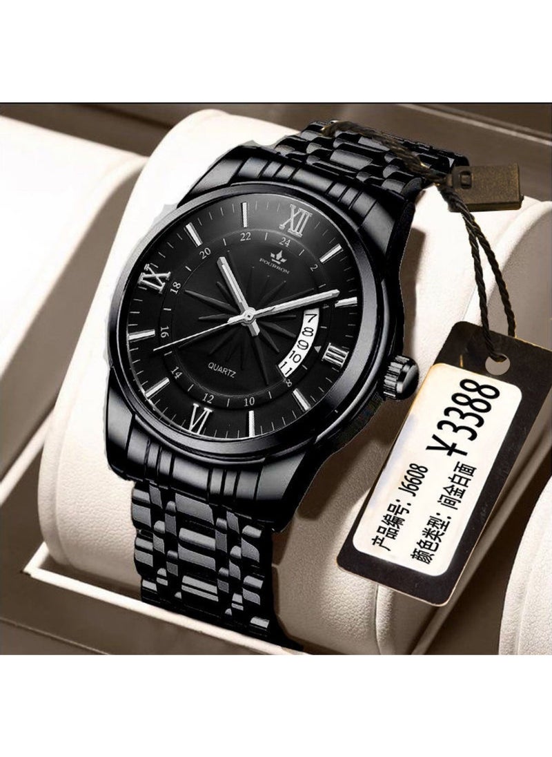 Generic Mens Waterproof Quartz Watch with Calendar and Steel Band Black face black steel strip 