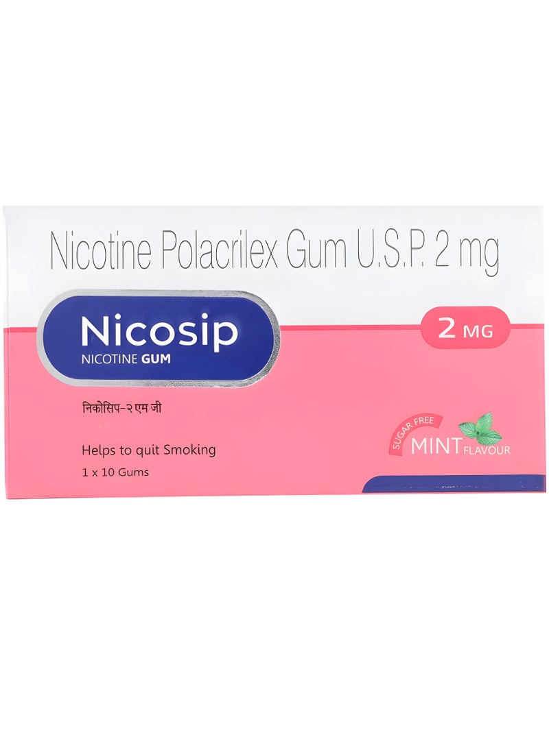 Leeford Nicotine Polacrilex U.S.P 2 mg Nicosip NICOTINE GUM Helps to quit Smoking SUGAR FREE MINT FLAVOUR 1 X 10 Gums - Image 1