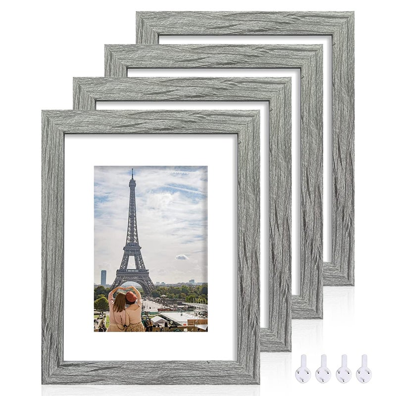 Hongkee 8x10 Picture Frame Set of 4 Made of Real Glass and Grey Wooden Frame 8 by 10 Photo for Wall or Tabletop  Display Picture 5x7 with Mat or 8x10 Without Mat
