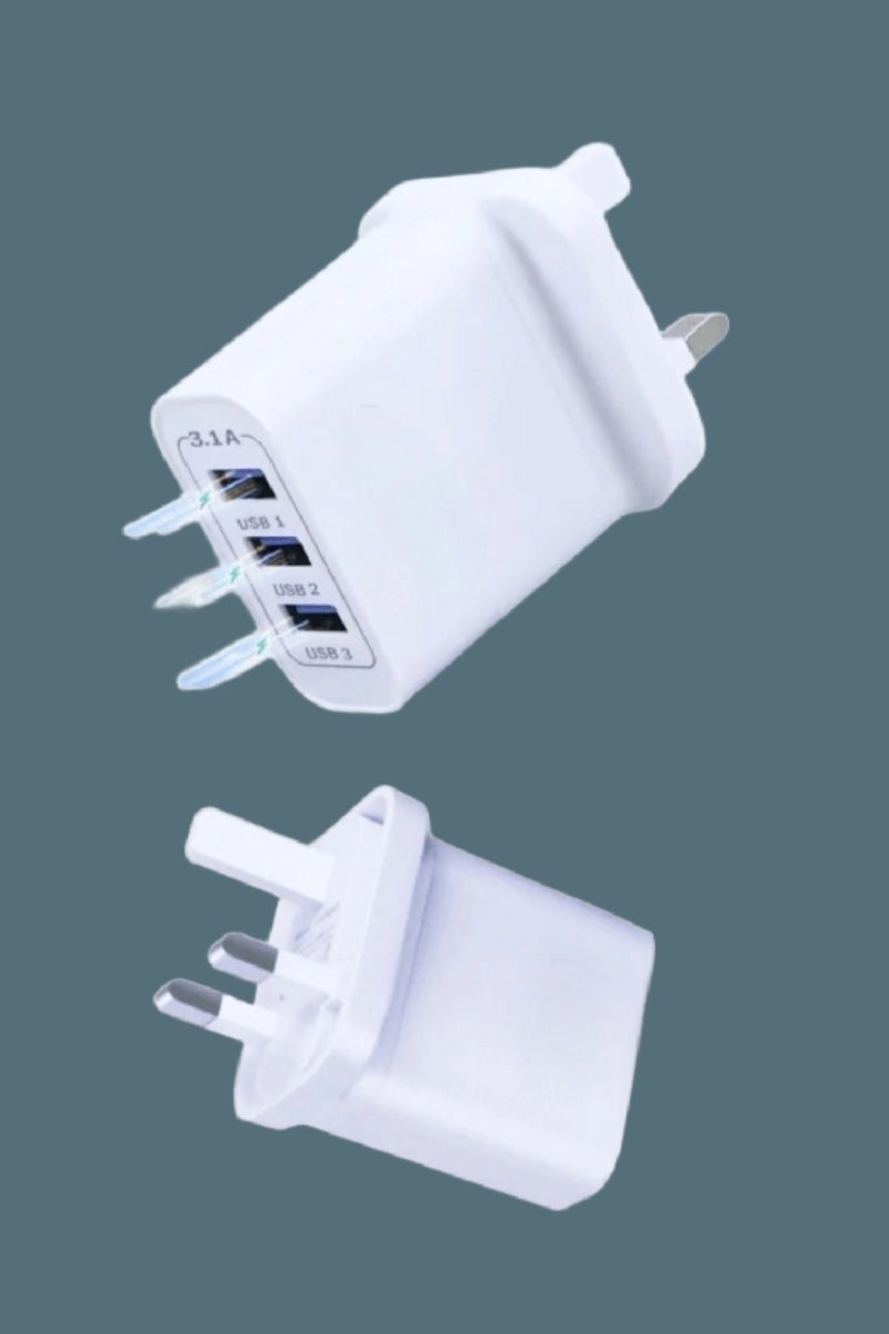 Triple Plug, Triple Plug with USB Port, Triple Plug with USB Ports, Plug with USB Ports, One Piece Triple Plug with Three USB Ports, USB Plug, Triple Adapter with Three USB Ports, USB Charger Adapter, Wall Adapter to USB, Triple Wall Plug to USB, Adapter for USB Charger Cables, USB Wall Plug, Wall Adapter Plug for Travel, USB Wall Charger - White Color. - Image 1