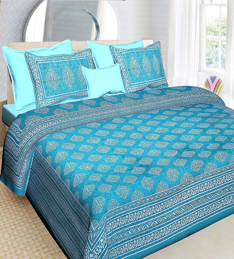 EarlyMart 100 Cotton Comfort 144 TC Rajasthani Jaipuri Traditional Floral King Size Double Bed Bedsheet with 2 Pillow Covers Blue - Image 1