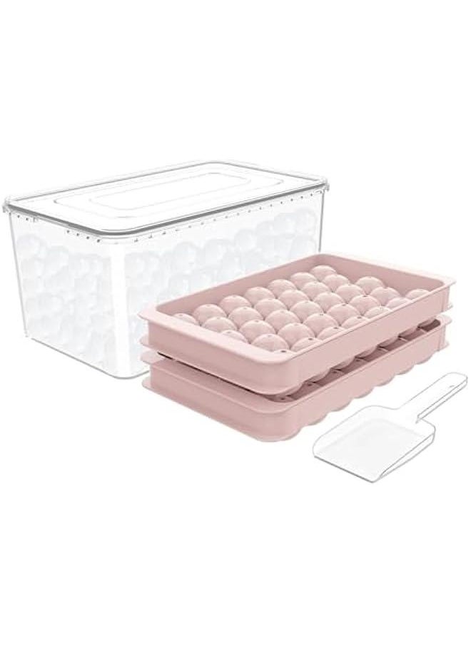 HOOKOR Ice Cube Tray for Freezer with Lid & Bin, Round Ice Cube Mold with Container, Mini Circle Ice Cube Tray Making Sphere Ice Chilling Cocktail Tea Coffee (2 Trays 1 Ice Bucket & Scoop) (Pink)  - Image 1
