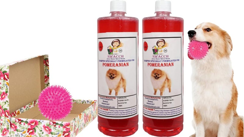 swacch Shampoo | Puppy Safe Shampoo | PH Balanced | Ditch to Itch for Pomeranian Dog Shampoo 2 Litre (Strawberry) + Spike Ball Chew Toy Combo Pack - Image 1