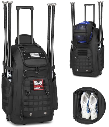 SunForMorning Rolling Baseball Bag with Wheels, Softball Catchers Gear Bags for 4 Bats, Portable Baseball Catcher Bag with Shoe Compartment, Holds All Softball Baseball Equipment, Black - Image 1