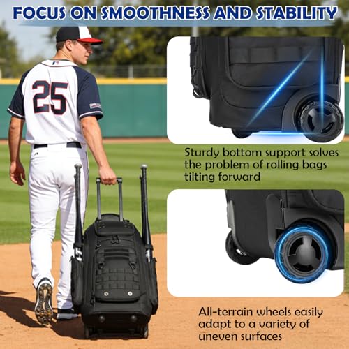 SunForMorning Rolling Baseball Bag with Wheels, Softball Catchers Gear Bags for 4 Bats, Portable Baseball Catcher Bag with Shoe Compartment, Holds All Softball Baseball Equipment, Black - Image 3