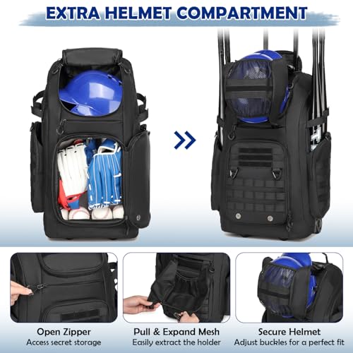 SunForMorning Rolling Baseball Bag with Wheels, Softball Catchers Gear Bags for 4 Bats, Portable Baseball Catcher Bag with Shoe Compartment, Holds All Softball Baseball Equipment, Black - Image 4