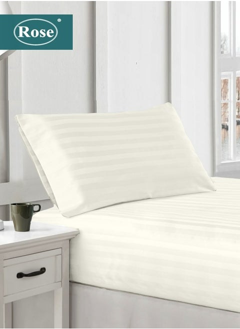 Rose Luxurious Hotel Stripe Fitted Sheet with Deep Pockets and Pillow Case, Bed Sheet 2-Pieces Set, Soft & Silky Microfiber Breathable and Cooling, Extra Twin Size 120x200+35 cm, Off White