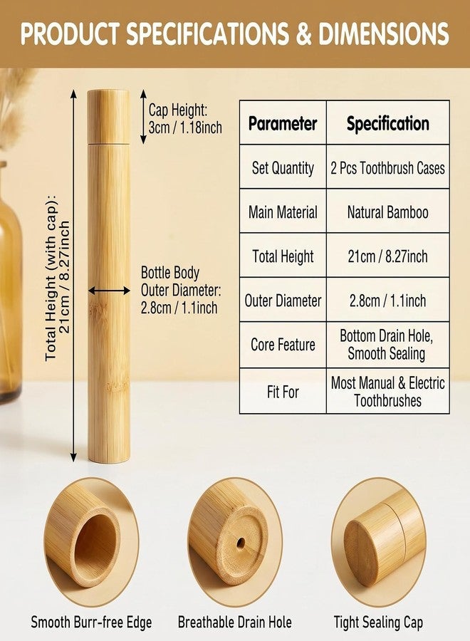 erioctry 2 Pack Bamboo Toothbrush Travel Holder 8.3 Inch Natural Toothbrush Case Cover Camping Accessory Bathroom Storage - Image 2