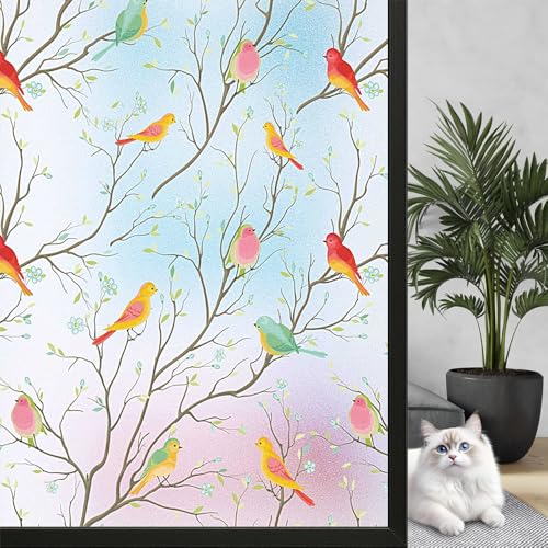 WALLTON Privacy Vinyl Frosted Window Film Glass Sticker Self-Adhesive Film Tint Wallpaper Opaque Sheet for Glass Privacy Cover Window, Door, Office, Home.| Anti-UV. (16x36 Inch, Multicolor Birds) - Image 1