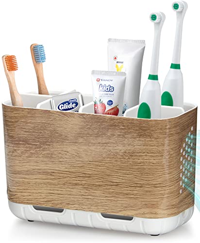 Boperzi Toothbrush and Toothpaste Holder Wood Grain for Bathroom Countertop with Adjustable Dividers, Toothpaste Caddy Organizer Storage Rustic Decor Set Freestanding Anti-Slip for Shower,Family,Kids - Image 1