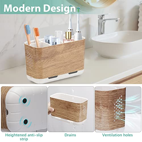 Boperzi Toothbrush and Toothpaste Holder Wood Grain for Bathroom Countertop with Adjustable Dividers, Toothpaste Caddy Organizer Storage Rustic Decor Set Freestanding Anti-Slip for Shower,Family,Kids - Image 2