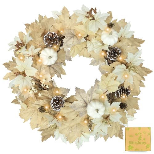 Ghrdopy Fall Wreath with Lights 22 Inch - Fall Wreaths for Front Door Thanksgiving Halloween with Fall Home Decorations Autumn Wreath for Indoor Outdoor Wall Festival Decor - Image 1