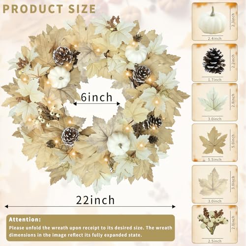 Ghrdopy Fall Wreath with Lights 22 Inch - Fall Wreaths for Front Door Thanksgiving Halloween with Fall Home Decorations Autumn Wreath for Indoor Outdoor Wall Festival Decor - Image 4