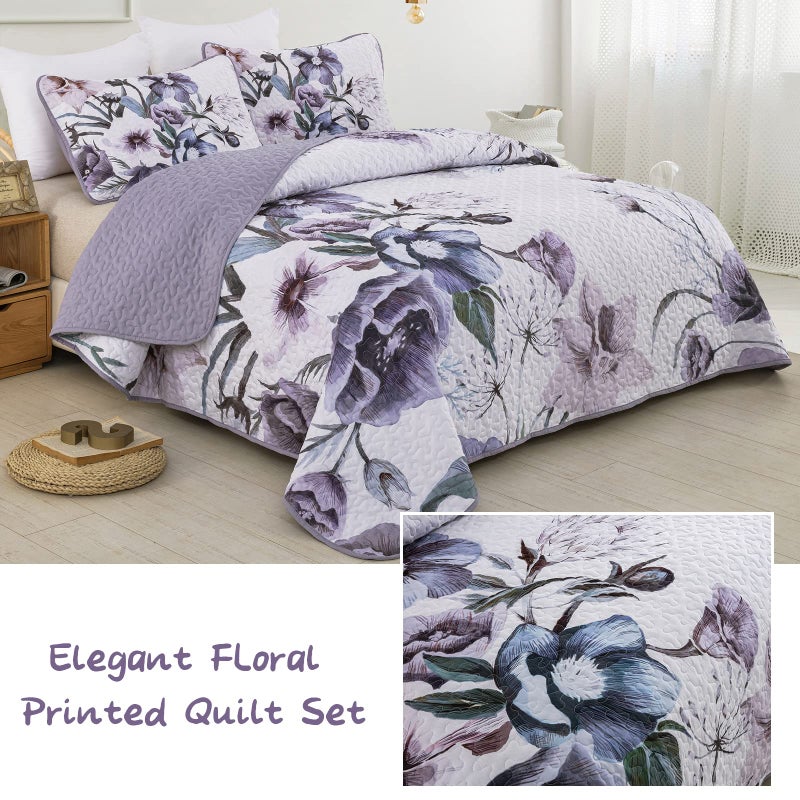 Drucon Floral Quilt Set Queen 3 Pieces Boho Purple Quilt Coverlet Set Soft Microfiber Lightweight Purple Floral Quilted Bedspread for All Season 90""x96"" - Image 2