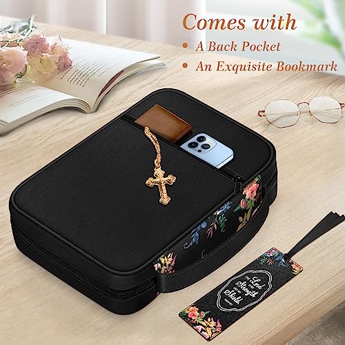 FINPAC Bible Cover, Carrying Book Case Church Bag Bible Protective with Handle and Zippered Pocket, Gift for Mother Lady Women Men, Floral Black - Image 3
